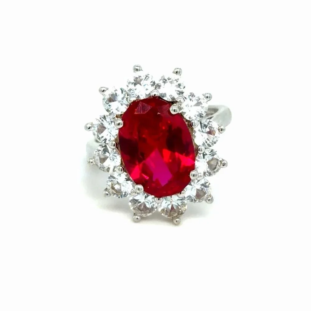 Sterling Silver Ruby/Cz Flower‎ Ring